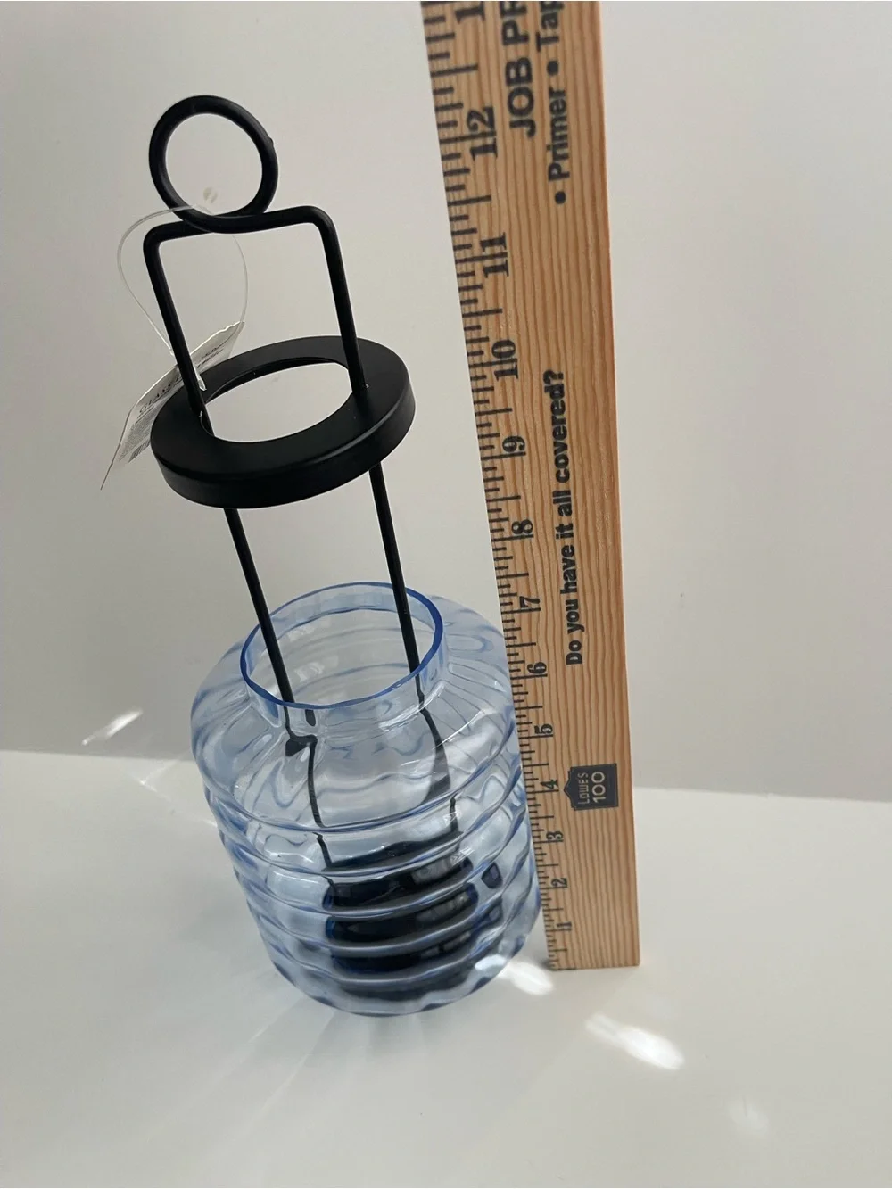 Home Trends Blue Ribbed Glass Lantern with Black Metal Frame